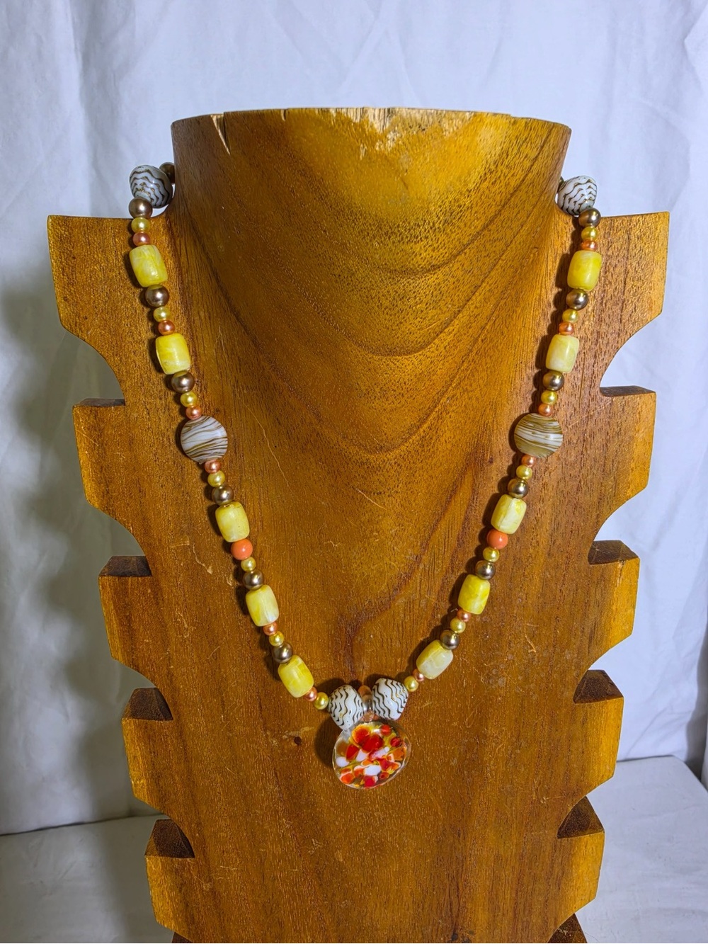 Handmade Yellow Orange Beaded Necklace Floral Glass Pendant Boho New